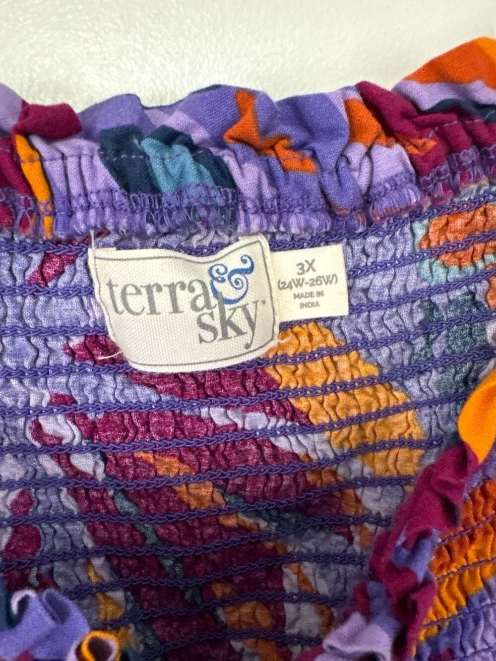 Terra & Sky Purple Abstract Smocked Square Neck Bell Sleeve Blouse Size 3X - Picture 4 of 7